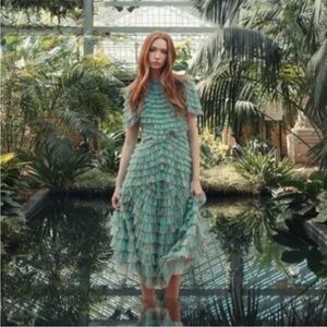 Mac Duggal Green Ruffle Tiered Short Sleeve A-line Dress #8014 Sz 10 NWT